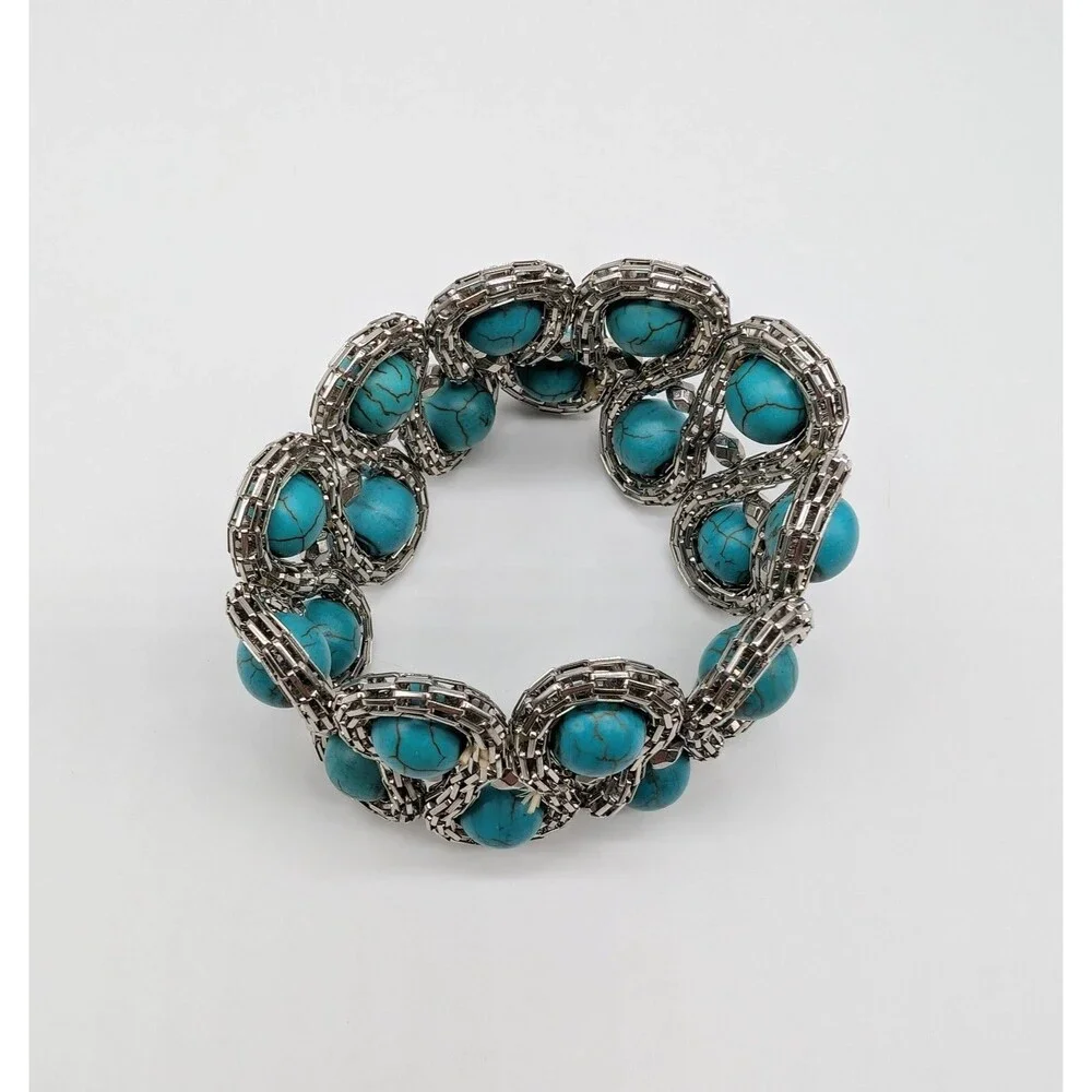 Faux Turquoise Bead Silver Tone Stretch Metal Bracelet Boho
